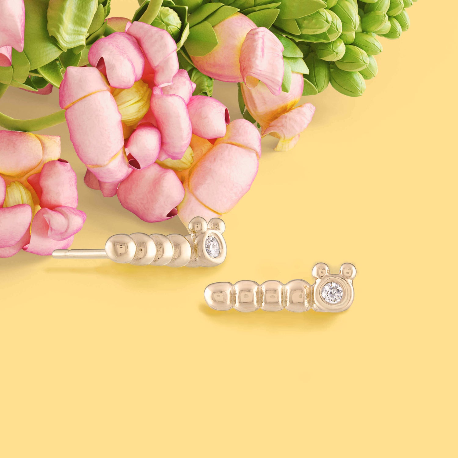 baby caterpillar stud earrings 14k yellow gold diamond