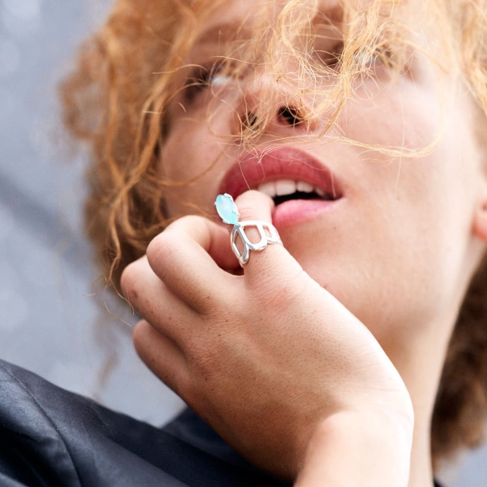 Cool statement ring with a blue chalcedony stone