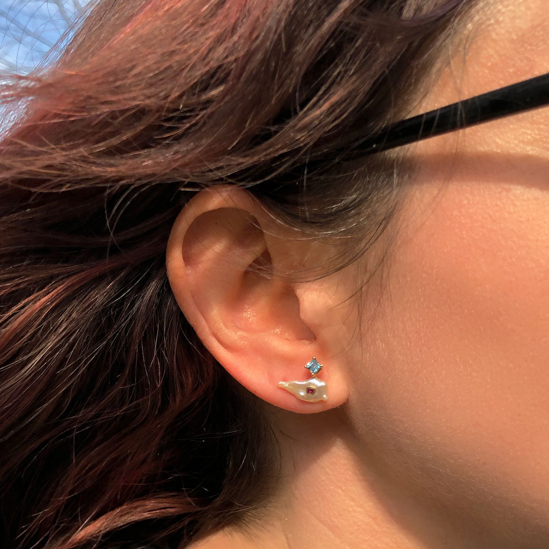 Baroque Pearl earrings with ruby and blue topaz
