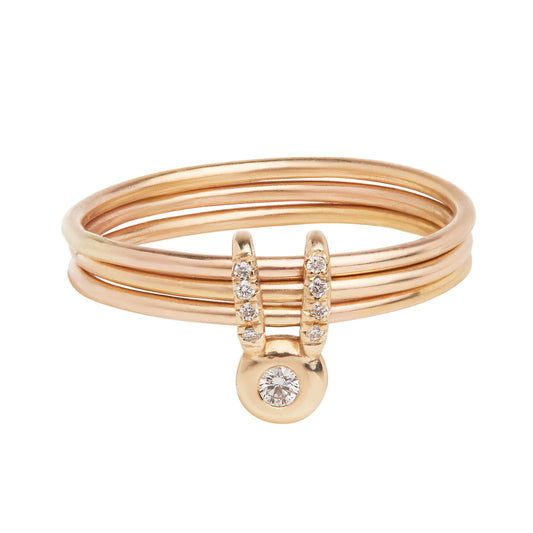 14k gold three row band bunny ring with diamonds