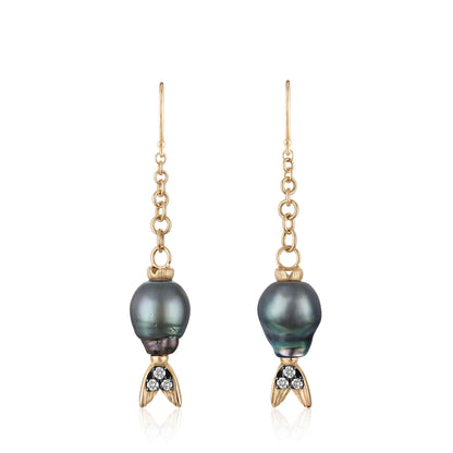 Pair of Tahitian pearl earrings with gold  and diamond accents on a white background