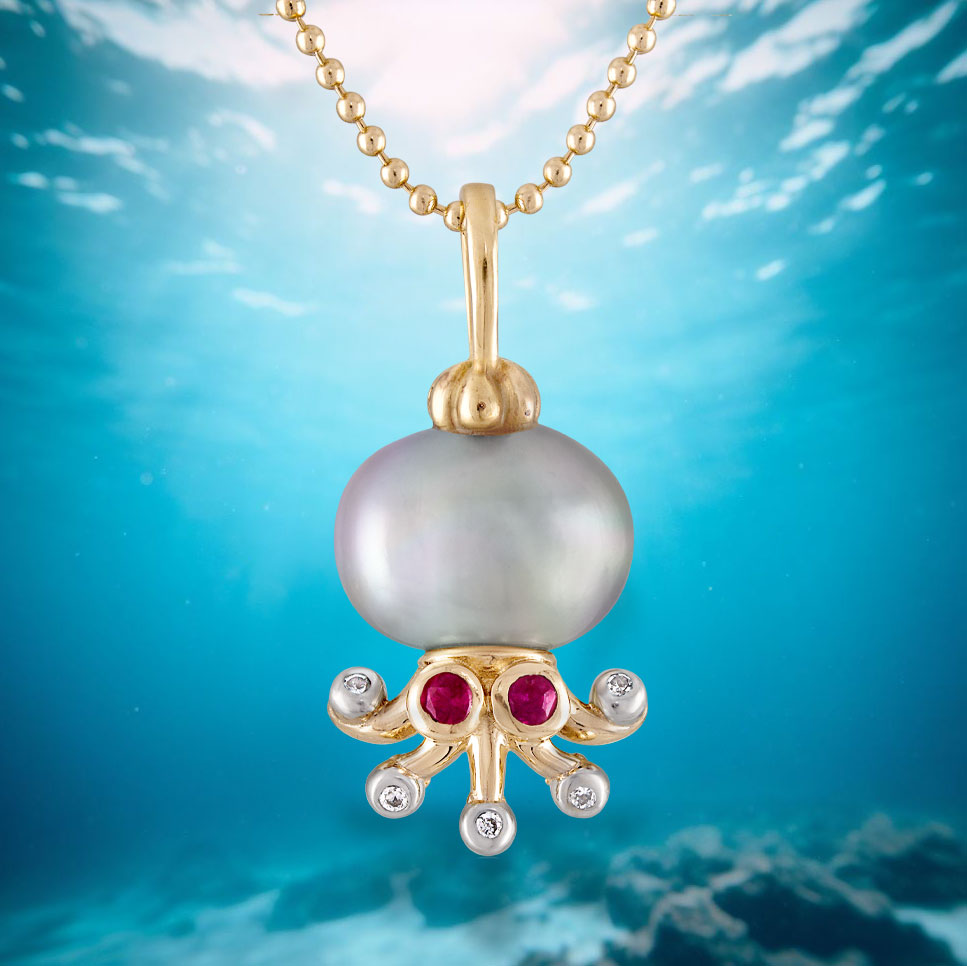 octopus pearl necklace with ruby and diamonds