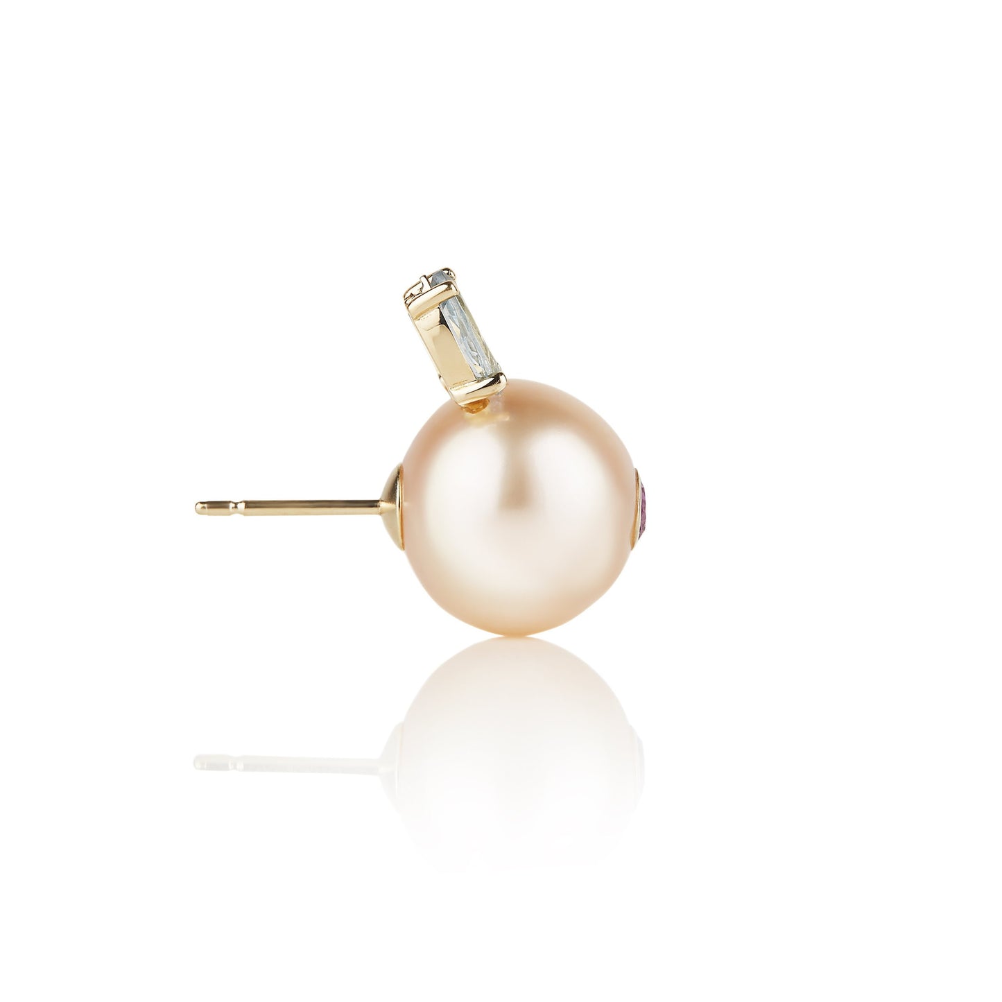 Pink pearl, rabbit earrings, 14k yellow gold, ruby, aqua